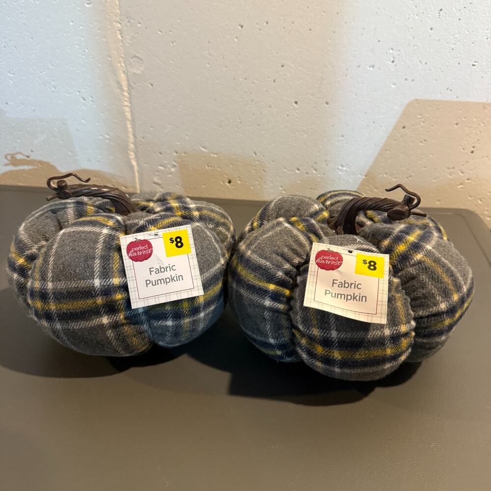 2 Perfect Harvest Fabric Pumpkin Plaid Fall Autumn Decoration Gray Plaid